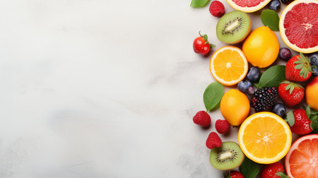 Fresh organic fruits lineup isolated on background, copy space.の素材