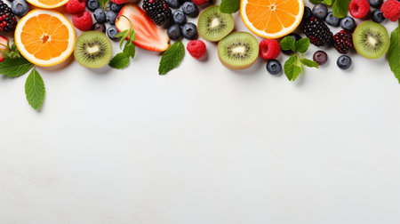 Fresh organic fruits lineup isolated on background, copy space.の素材