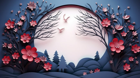 Nature background paper cut and craft style, romantic scenery , copy space, used for greeting card.の素材