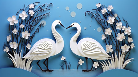 Nature background paper cut and craft style, romantic scenery , copy space, used for greeting card.の素材