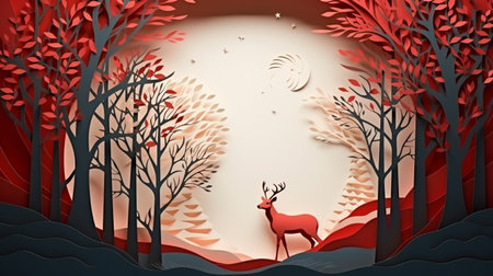 Nature background paper cut and craft style, romantic scenery , copy space, used for greeting card.の素材