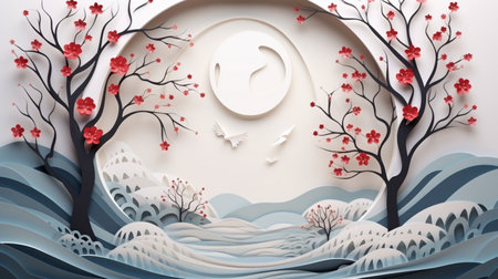 Nature background paper cut and craft style, romantic scenery , copy space, used for greeting card.の素材