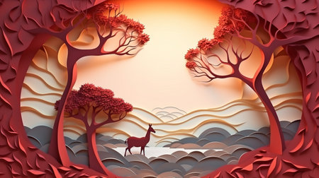Nature background paper cut and craft style, romantic scenery , copy space, used for greeting card.の素材