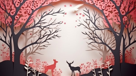 Nature background paper cut and craft style, romantic scenery , copy space, used for greeting card.の素材