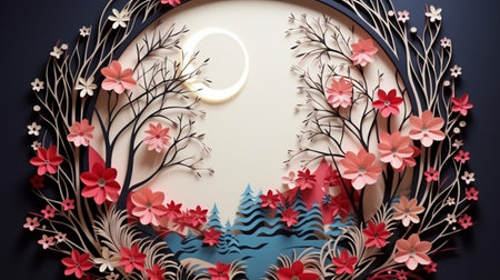 Nature background paper cut and craft style, romantic scenery , copy space, used for greeting card.の素材