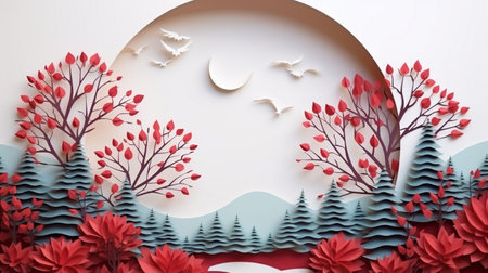 Nature background paper cut and craft style, romantic scenery , copy space, used for greeting card.の素材