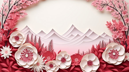 Nature background paper cut and craft style, romantic scenery , copy space, used for greeting card.の素材