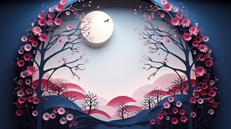 Nature background paper cut and craft style, romantic scenery , copy space, used for greeting card.の素材