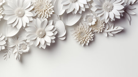 white paper flowers background, wedding decoration, bridal bouquet, greeting card template, copy space.の素材