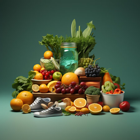 Healthy Lifestyle Diet fruit and vegetable organic food line up on background.の素材