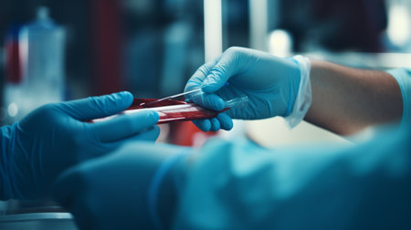 close up hand of Doctor, nurse taking blood sample from patient's arm, blood test, injection, probe vein blood.の素材