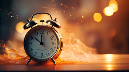 Vintage alarm clock on bokeh background, copy space.の素材