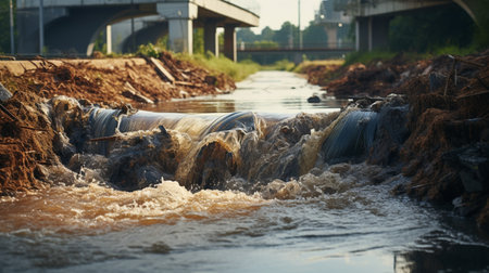 Contaminated water concept, Dirty water flows from the pipe into the river, Water pollution, environment contamination.の素材