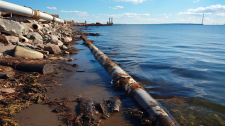Contaminated water concept, Dirty water flows from the pipe into the river, sea, Water pollution, environment contamination.の素材