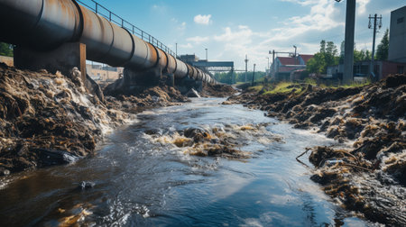 Contaminated water concept, Dirty water flows from the pipe into the river, Water pollution, environment contamination.の素材
