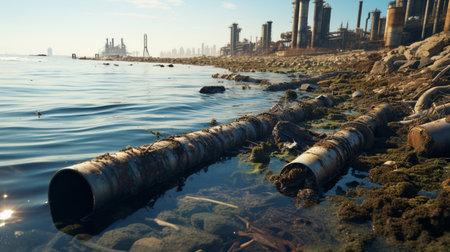 Contaminated water concept, Dirty water flows from the pipe into the river, sea, Water pollution, environment contamination.の素材