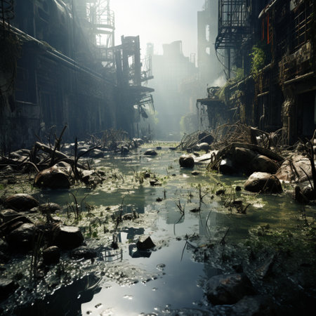 Contaminated water concept, Dirty water flows into the river, Water pollution, environment contamination.の素材