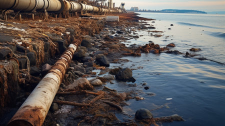 Contaminated water concept, Dirty water flows from the pipe into the river, sea, Water pollution, environment contamination.の素材
