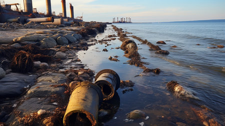 Contaminated water concept, Dirty water flows from the pipe into the river, sea, Water pollution, environment contamination.の素材