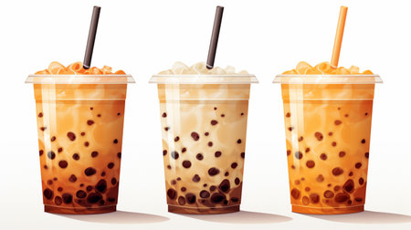 Set of Bubble milk tea drink design, Boba milk tea, taiwanese asian menu, Delicious sweet bubble tea cup with straw.の素材