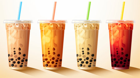 Set of Bubble milk tea drink design, Boba milk tea, taiwanese asian menu, Delicious sweet bubble tea cup with straw.の素材