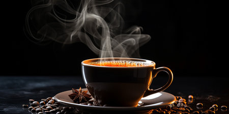 Refreshing Cup of hot Coffee on a table isolated on black background, copy space, cozy warm mood.の素材