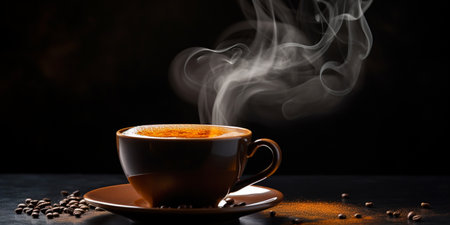 Refreshing Cup of hot Coffee on a table isolated on black background, copy space, cozy warm mood.の素材