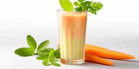 close up of Fresh Carrot Juice with vegetables on table, isolated on white background, copy space, AI Generatedの素材