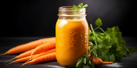 close up of Fresh Carrot Juice with vegetables on table, isolated on black background, copy space, AI Generatedの素材