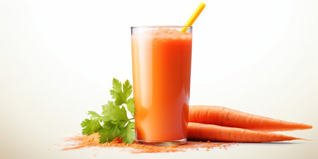 close up of Fresh Carrot Juice with vegetables on table, isolated on white background, copy space, AI Generatedの素材