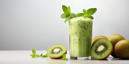 close up of Fresh Kiwi Juice with fruits on table, isolated on white background, copy space, AI Generatedの素材