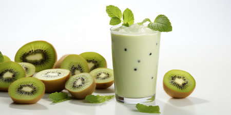 close up of Fresh Kiwi Juice with fruits on table, isolated on white background, copy space, AI Generatedの素材