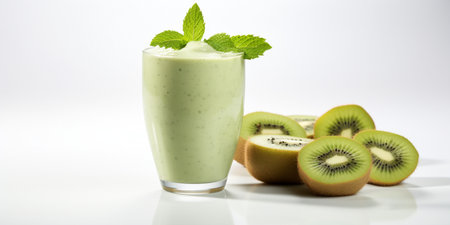 close up of Fresh Kiwi Juice with fruits on table, isolated on white background, copy space, AI Generatedの素材