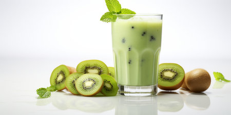 close up of Fresh Kiwi Juice with fruits on table, isolated on white background, copy space, AI Generatedの素材