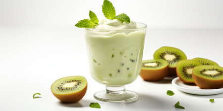 close up of Fresh Kiwi Juice with fruits on table, isolated on white background, copy space, AI Generatedの素材