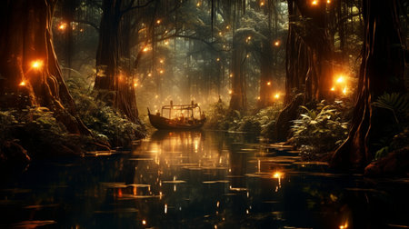 Magical lights sparkling in forest at night, firefly, fantasy fairytale scenery.の素材