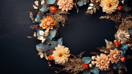 Top view of Blooming colorful wreath flowers and petals isolated on table black background, Floral frame composition, copy space, flat lay.の素材