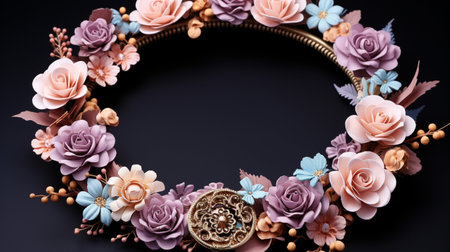 Top view of Blooming colorful wreath flowers and petals isolated on table black background, Floral frame composition, copy space, flat lay.の素材