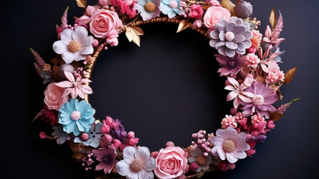 Top view of Blooming colorful wreath flowers and petals isolated on table black background, Floral frame composition, copy space, flat lay.の素材