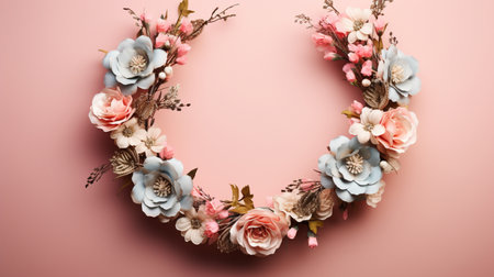 Top view of Blooming colorful wreath flowers and petals isolated on pastel table background, Floral frame composition, copy space, flat lay.の素材