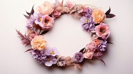Top view of Blooming colorful wreath flowers and petals isolated on white table background, Floral frame composition, copy space, flat lay.の素材