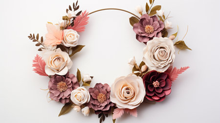 Top view of Blooming colorful wreath flowers and petals isolated on white table background, Floral frame composition, copy space, flat lay.の素材