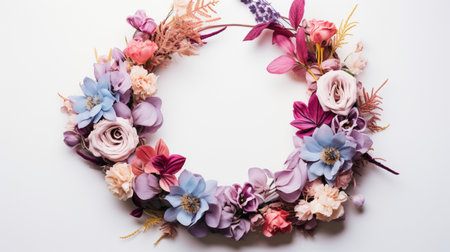Top view of Blooming colorful wreath flowers and petals isolated on white table background, Floral frame composition, copy space, flat lay.の素材