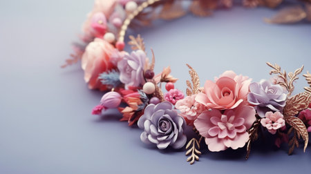 Top view of Blooming colorful flowers and petals isolated on pastel table background, Floral frame composition, copy space, flat lay.の素材