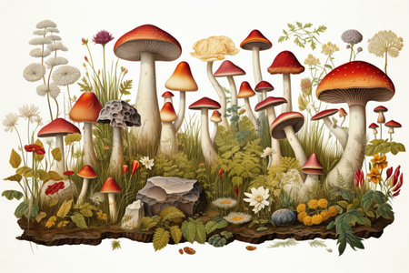 Mushroom Botanical illustration, item sheet, AI Generatedの素材