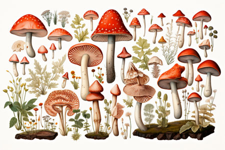 Mushroom Botanical illustration, item sheet, AI Generatedの素材