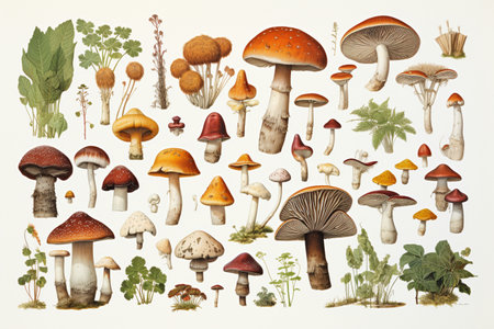 Mushroom Botanical illustration, item sheet, AI Generatedの素材