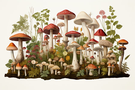 Mushroom Botanical illustration, item sheet, AI Generatedの素材