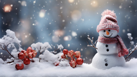 Happy snowman in winter scenery, Merry Christmas background, copy space, greeting card, AI Generativeの素材
