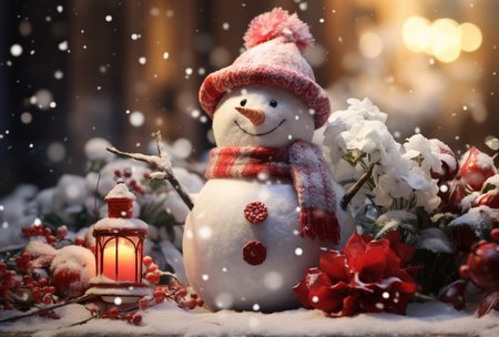 Happy snowman in winter scenery, Merry Christmas background, copy space, greeting card, AI Generativeの素材